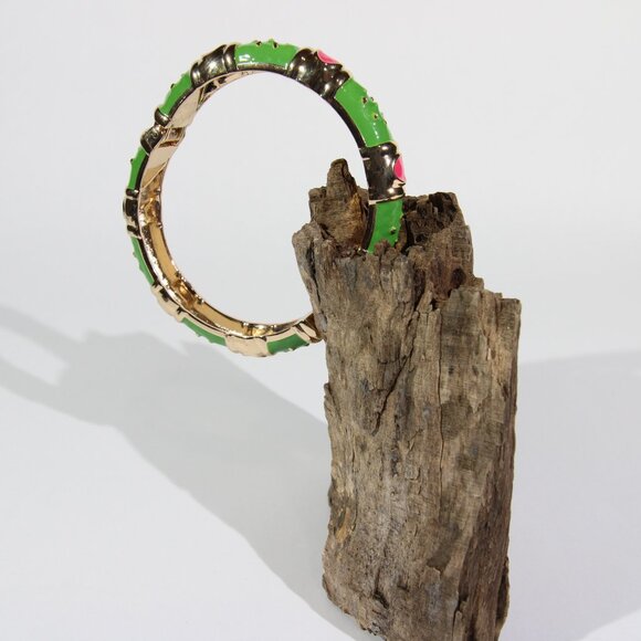 Vintage FORNASH Gold Tone w/ Green and Pink Enamel Bangle Bracelet 2.36" D - Picture 8 of 8